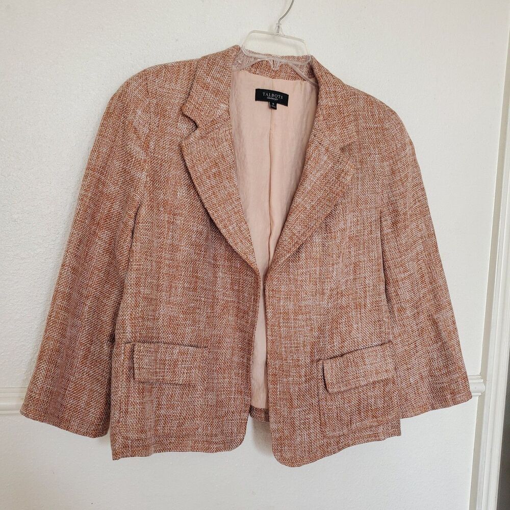 Talbots Women's Size 16 Rust White Tweed Linen Blend 3/4 Sleeve Open Front